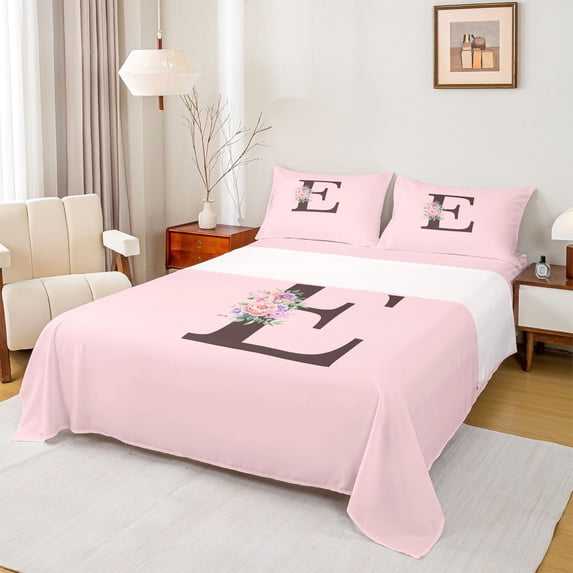 Erosebridal E Personalized Initial Girl Full Size Sheets 4-Piece,Teens Floral Rose Flowers Bed Sheets