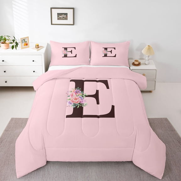 Erosebridal E Personalized Initial Girl Queen Comforter Set 3pcs,Teens Floral Rose Flowers Bedding Comforter Set,Pink Reversible