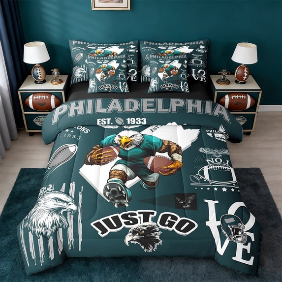 Erosebridal Eagle Bird Football Theme Bedding Sets Twin Size,Sports City Philadelphia Game Comforter Sets with Sheets,Boys Classic Football Bed in a Bag,Ultra Soft Bedroom Decor Reversible,7-Piece
