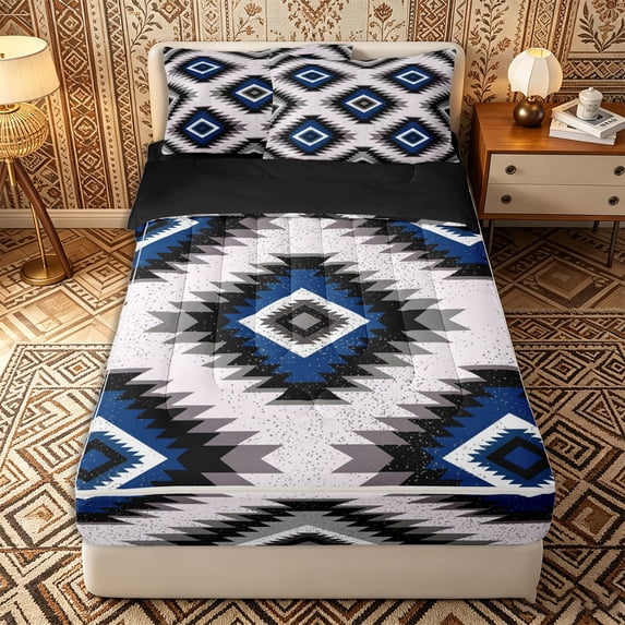 Erosebridal Earthy Vintage Aztec Zipper Twin Comforter Sets with Fitted Sheet and 2 Pillowcases,Western Motif Print Zipper Bedding Set,Navy Black White,Black Reversible