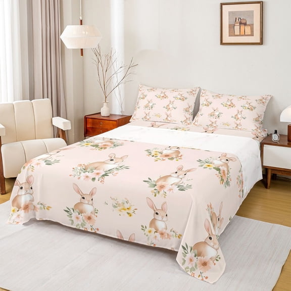 Erosebridal Easter Bunnies Full Size Sheets for Kids Girls, Pink Floral Bed Sheets, 1 Flat Sheet 1 Fitted Sheet and 2 Pillowcases, 4 Piece