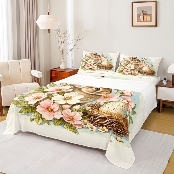 Erosebridal Easter Bunny Eggs Kid Bed Sheets, Spring Flower King Sheets, 4pcs