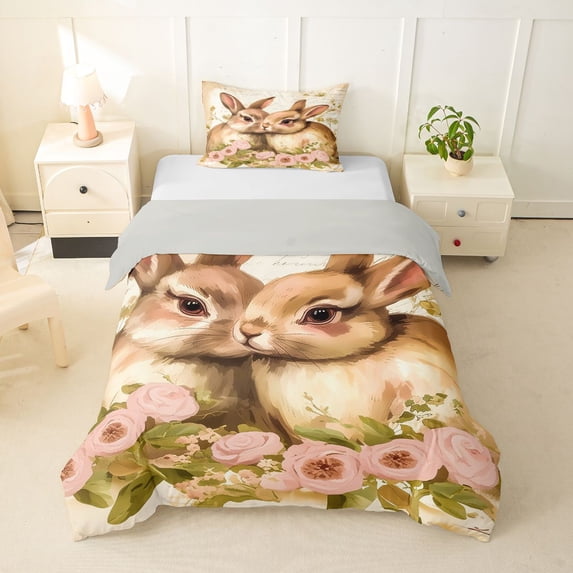 Erosebridal Easter Cartoon Rabbits Twin Bedding For Kids,Romantic Florl Pink Roses Duvet Cover Set For Boys Girls,2pcs,No Comforter,Grey Reversible
