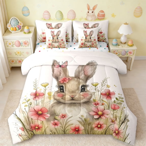 Erosebridal Easter Eggs 7 Pieces Bedding Comforter Set,Kawaii Bunny Rabbit Full Bedding Set For Kids Girls Reversible