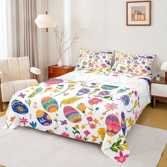 Erosebridal Easter Eggs Bed Sheets for Kids, Groovy Flower King Sheets, 4pcs