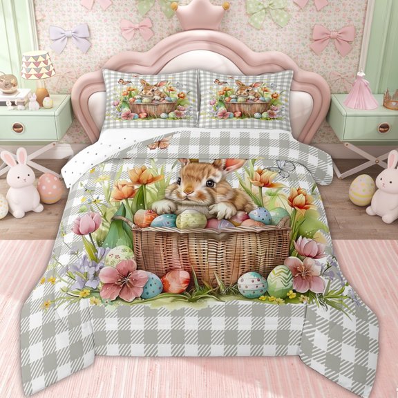 Erosebridal Easter Eggs Rabbit Kid Queen Comforter Set, Buffalo Bedding Comforter Set, 3 Pieces