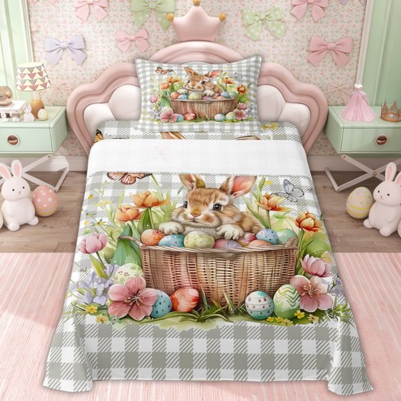 Erosebridal Easter Eggs Rabbit Kid Twin Sheet Sets, Buffalo Bedding, 3 Pieces