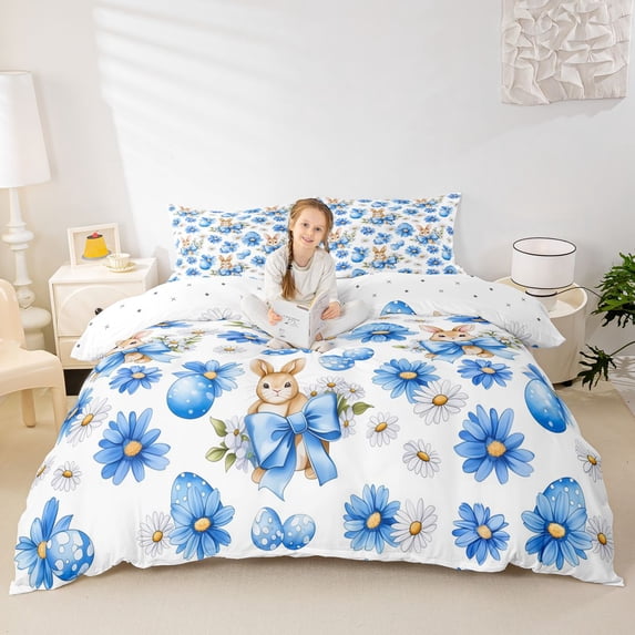 Erosebridal Easter Eggs Rabbits Duvet Cover Set For Teens,Blue Bow Flowers Daisy Bedding Full For Children Kids,3-Piece,No Comforter,Luxury Bedroom Decor