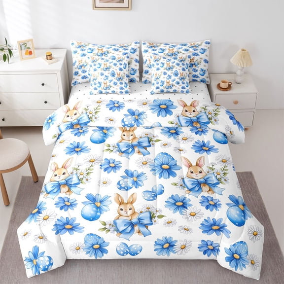Erosebridal Easter Eggs Rabbits Twin Bedding Sets 7-Piece For Teens,Blue Bow Flowers Daisy Bedding Comforter Set For Children Kids,Luxury Bedroom Decor