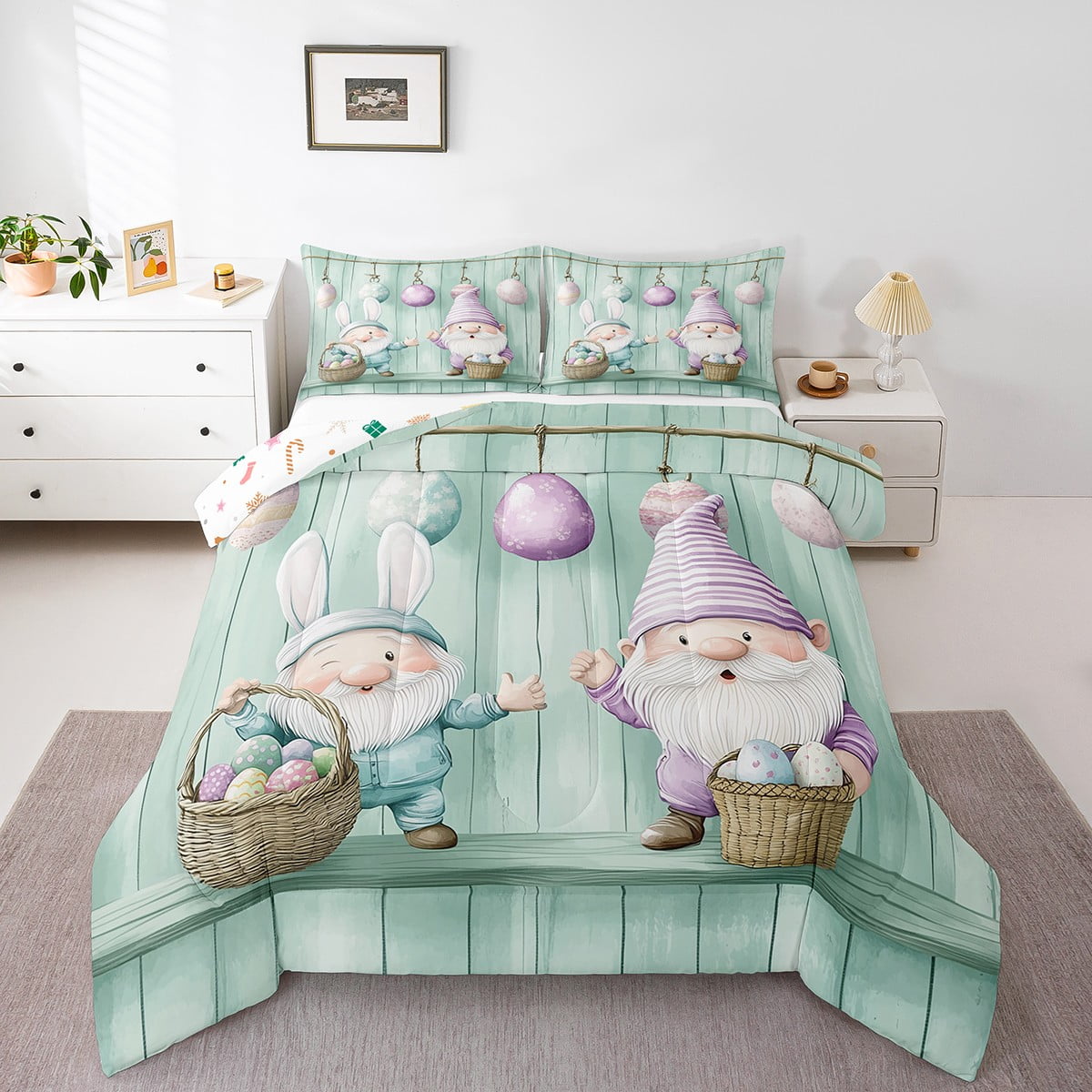 Cute Rabbit Cartoon 7 Piece Bedding Set King Size Easter Bunnies