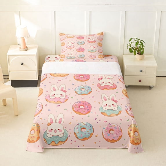 Erosebridal Easter Kids Twin Sheet Sets,Cute Rabbit Colorful Doughnut Pattern Bedding For Girls 3 Pieces
