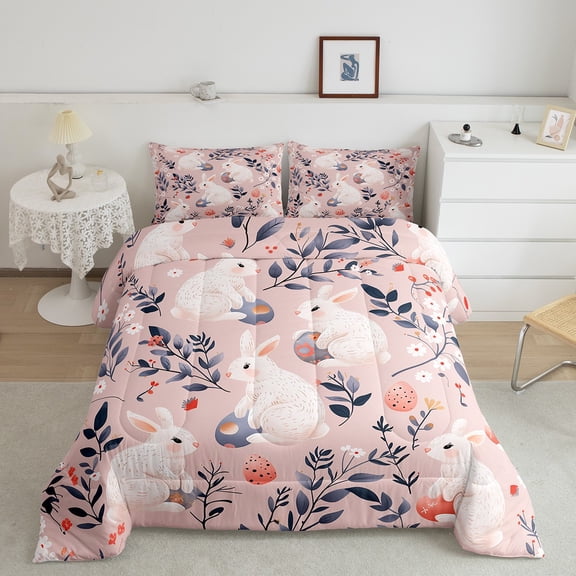 Erosebridal Easter Rabbit Bedding King Comforter Set, Pink Down Comforter, Eggs Flower Plant Decor, Reversible