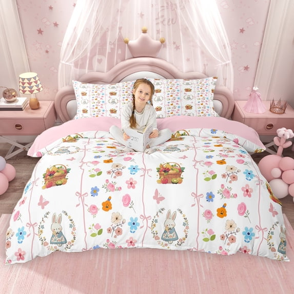 Erosebridal Easter Rabbit Duvet Cover Set for Kids Girls, Colorful Flower Floral Bedding Full, Pink Reversible 3 Pieces, 1 Duvet Cover and 2 Pillowcases, No Comforter