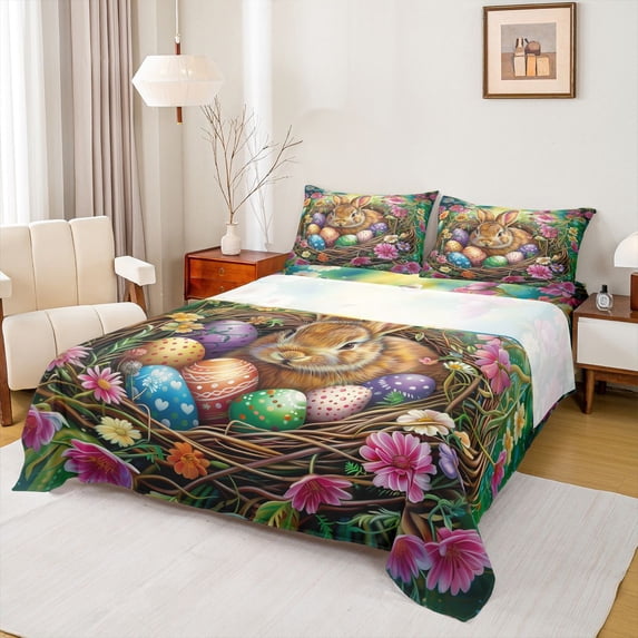 Erosebridal Easter Rabbit Egg Kid Queen Sheet Sets, Groovy Flower Bed Set, 4-Piece