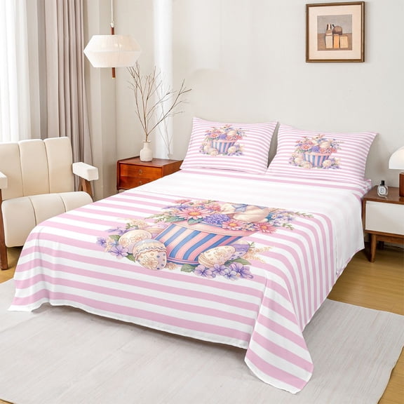 Erosebridal Easter Rabbit Eggs Kid Full Size Sheets, Pink Stripes Bed Sheets, 4-Piece