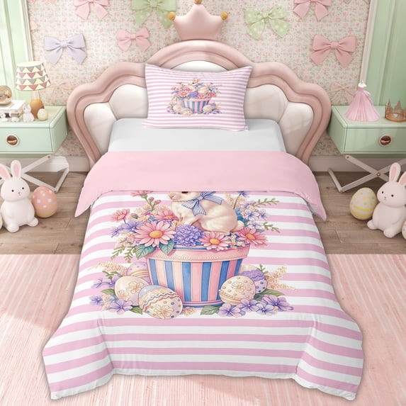 Erosebridal Easter Rabbit Eggs Kid Twin Bedding, Pink Stripes Duvet ...