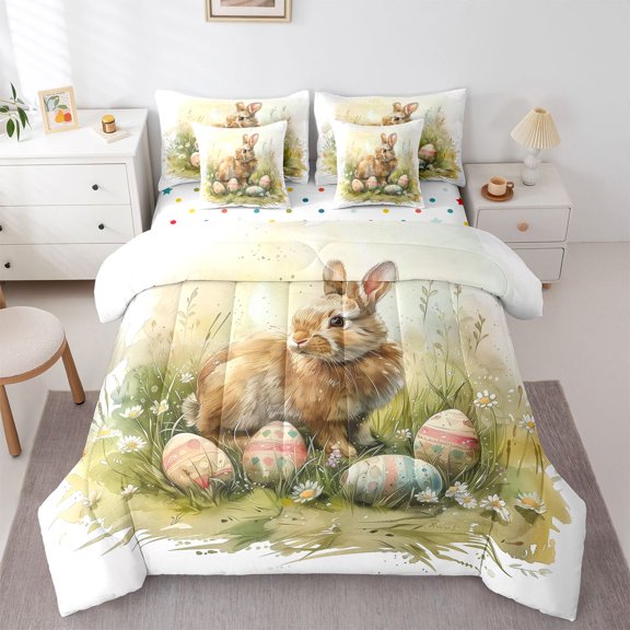 Erosebridal Easter Rabbit Eggs Twin Bedding Sets 7-Piece For Children,Kids Festival Theme Bedding Comforter Set,Super Cozy Room Decor