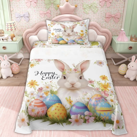 Erosebridal Easter Rabbit Girls Twin Sheet Sets, Spring Flower Bedding, 3-Piece