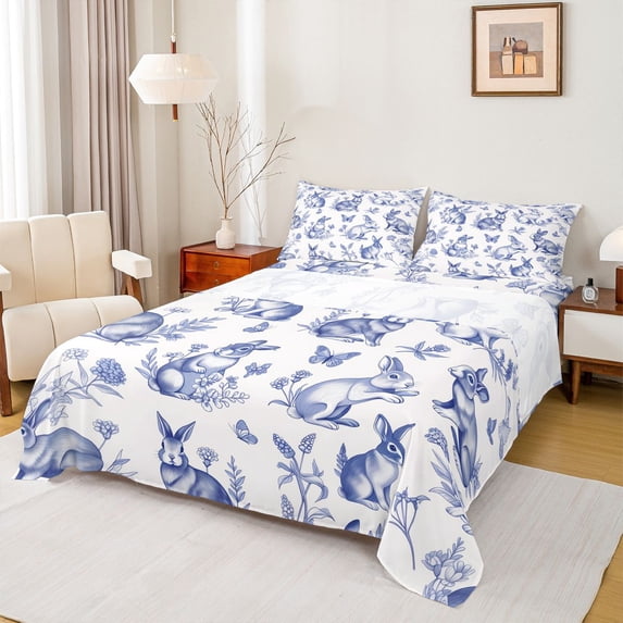 Erosebridal Easter Rabbit Kids Full Size Sheets, Flower Butterfly Bed Sheets, White Blue, 4pcs