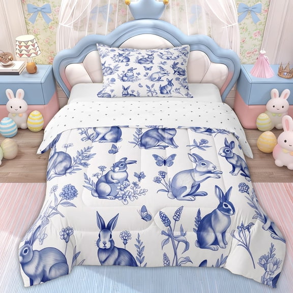 Erosebridal Easter Rabbit Kids Twin Comforter Sets, Flower Butterfly Bedding Set, White Blue, 2pcs