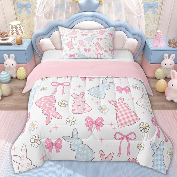 Erosebridal Easter Rabbit Kids Twin Comforter Sets, Princess Bow Flower Bedding Set, White Pink, 2 Pieces