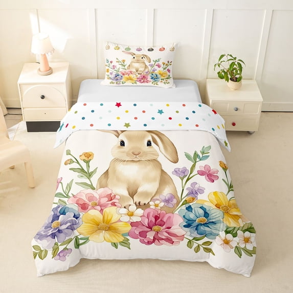 Erosebridal Easter Rabbit Twin Bedding For Teens,Colorful Flowers Duvet Cover Set For Children Kids,2pcs,No Comforter,Breathable Home Decor