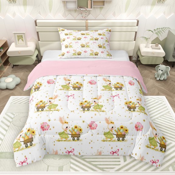 Erosebridal Easter Rabbit Twin Comforter Sets, Pink Bow Gold Stars Bedding Set, Pink Reversible 2pcs, 1 Comforter and 1 Pillowcase