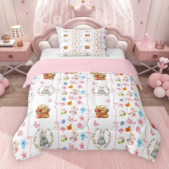 Erosebridal Easter Rabbit Twin Comforter Sets for Kids Girls, Colorful Flower Floral Bedding Set, Pink Reversible 2pcs, 1 Comforter and 1 Pillowcase