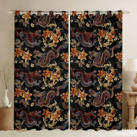 Erosebridal Eastern Dragon Curtains Chic Floral Blackout Curtains, Vintage Flower Curtains & Drapes Magic Animal Bedroom Curtains, Botanical Plants Window Treatments Oriental Style Decor