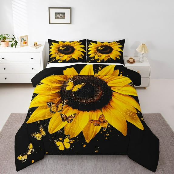 Erosebridal Butterfly Sunflower Bedding King Comforter Set,Black Golden Bedding Sets King with Comforter,Microfiber Reversible Comforter Sets King Size,Autumn Room Decorative,3pcs