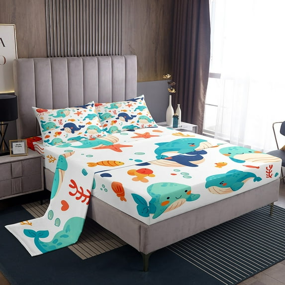 Erosebridal Kawaii Whale Sheet Set Twin,Sea Animal Bedding Sets Twin Size,Teenager Bedroom Decor,Breathable,3pcs