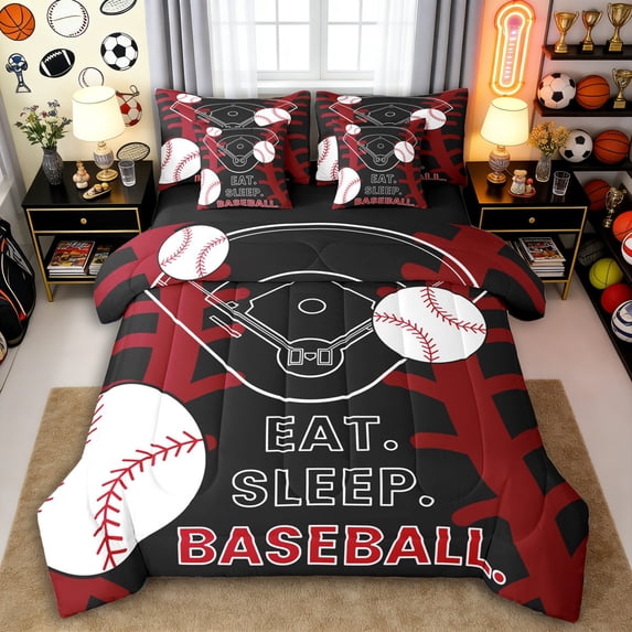 Erosebridal Eat Sleep Baseball Bedding Comforter Set 7-Piece for Kids Teens,Boys Girls Sport Ball Gaming King Bedding Sets,Black Reversible,Lightweight Room Decor