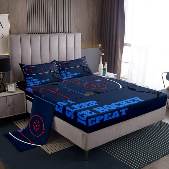 Erosebridal Eat Sleep Bed Sheets Set Full Size, Ice Hockey Player Bed Sheets Full, Sports Lover Decor 4 Pieces