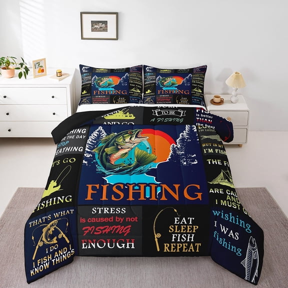Erosebridal Eat Sleep Fish Bedding Twin Comforter Set,Black Blue Down Comforter,Fishing Hunting Bedding Sets Twin with Comforter,Lightweight Abstract Room Decoration,Reversible,2-Piece