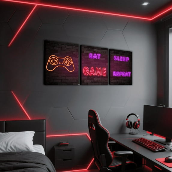 Erosebridal Eat Sleep Game Repeat Canvas Wall Art Set of 3, Gamer Gaming Canvas Wall Art Set of 3, Orange Pink