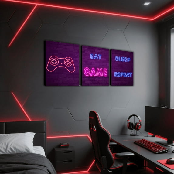 Erosebridal Eat Sleep Game Repeat Paintings Wall Decor Framed, Gamer Gaming Paintings Wall Decor Framed, Pink Purple