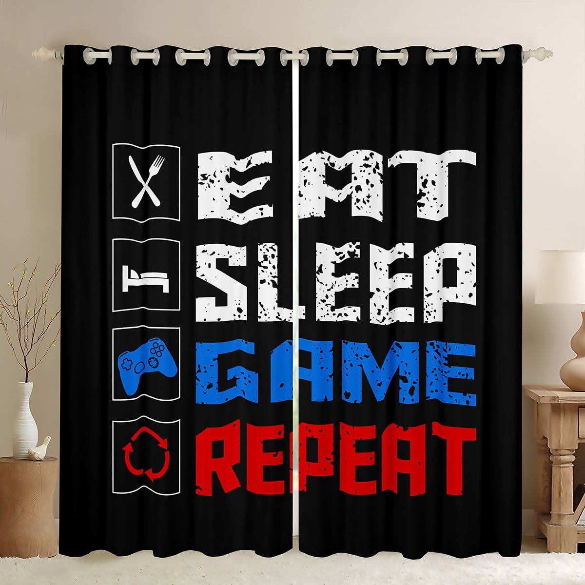 Erosebridal Eat Sleep Repeat Curtains for Living Room, Cartoon Gamepad 30%-50% Blackout Curtains Set of 2 (38x45), Gaming Curtains and Drapes (38x45), Window Drapes Bedroom Decor