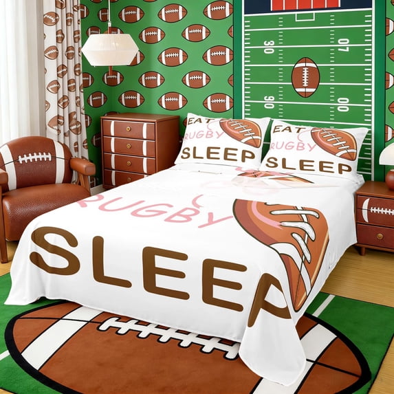 Erosebridal Eat Sleep Rugby Queen Sheet Sets, Sport Bed Set for Girls and Boys, 4-Piece, 1 Flat Sheet, 1 Fitted Sheet and 2 Pillowcases