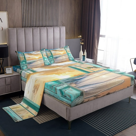 Erosebridal Sea Sunset Bed Sheets King,Ocean Theme Bedding King Size,Teenager Bedroom Decor,Super Cozy,4pcs