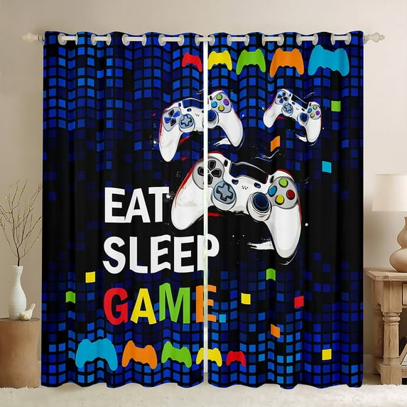 Erosebridal Eat Slepp Game Curtains for Living Room, Blue Geometric 30%-50% Blackout Curtains Set of 2 (42x63), Cartoon Gamepad Curtains and Drapes (42x63), Window Drapes Room Decor