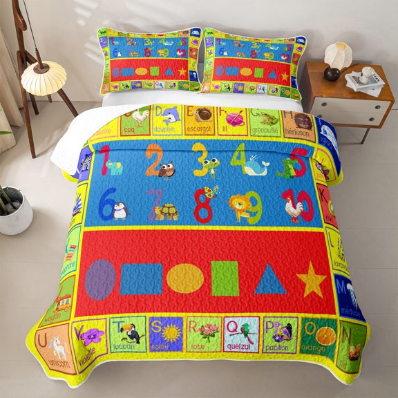 Erosebridal Educational Alphabet Print Quilt Full,Colorful Cute Animal Full Bedspread Sets For Boys,3pcs