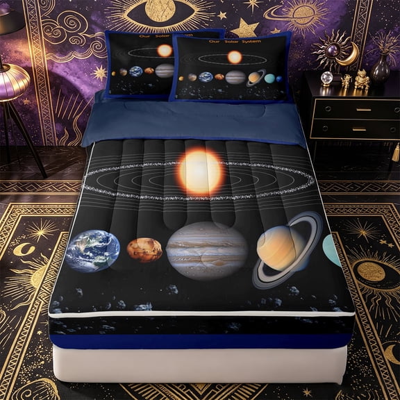 Erosebridal Educational Planet Graphic Zipper Twin Comforter Sets with Fitted Sheet and 2 Pillowcases,Cosmic Star Print Zipper Bedding Set,Black Orange Blue,Navy Blue Reversible