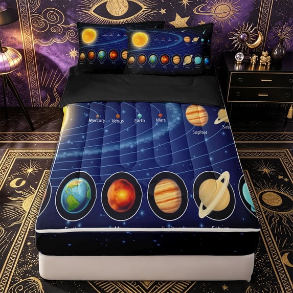 Erosebridal Educational Solar System Pattern Zipper Twin Comforter Sets with Fitted Sheet and 2 Pillowcases,Starry Orbit Print Zipper Bedding Set,Blue Golden,Black Reversible