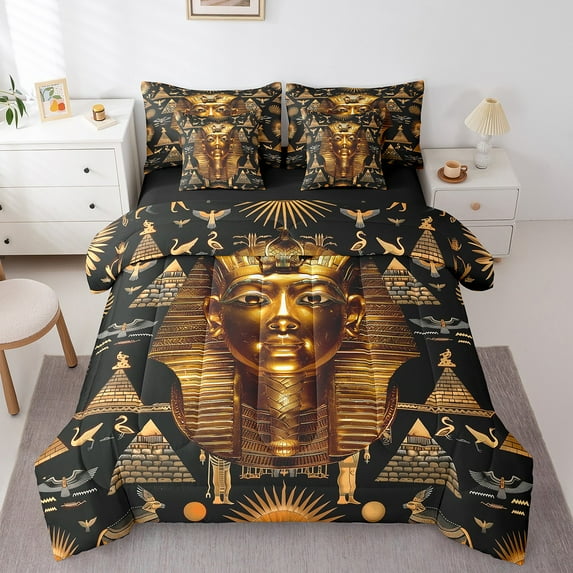 Erosebridal Egyptian Pharaoh Bed in a Bag Queen Size, Occult Ancient Egypt Bed Set, Aesthetic Black Gold Bedroom Decor, Reversible 7pcs