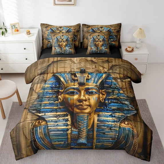 Erosebridal Egyptian Pharaoh Bedding Sets Full Size, Occult Ancient Egypt Comforter Sets with Sheets, Aesthetic Brown Blue Bedroom Decor, Reversible 7pcs