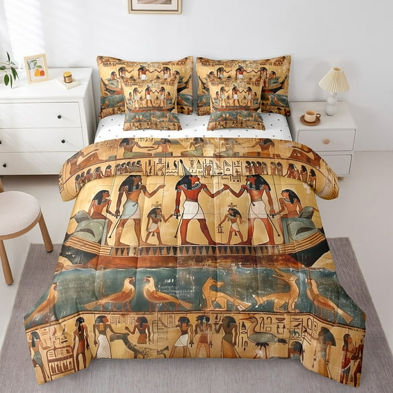 Erosebridal Egyptian Pharaohs Bedding Queen Size, Ancient Egypt Mythology Culture Comforter Sets with Sheets, Vintage Room Decor, Reversible 7-Piece
