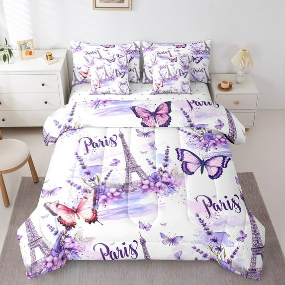 Erosebridal Eiffel Tower Bedding King Size,Romantic Paris Comforter Sets with Sheets,Dreamy Purple Butterfly Bedding Sets King Size For Princess,Super Cozy Room Decoration,7pcs