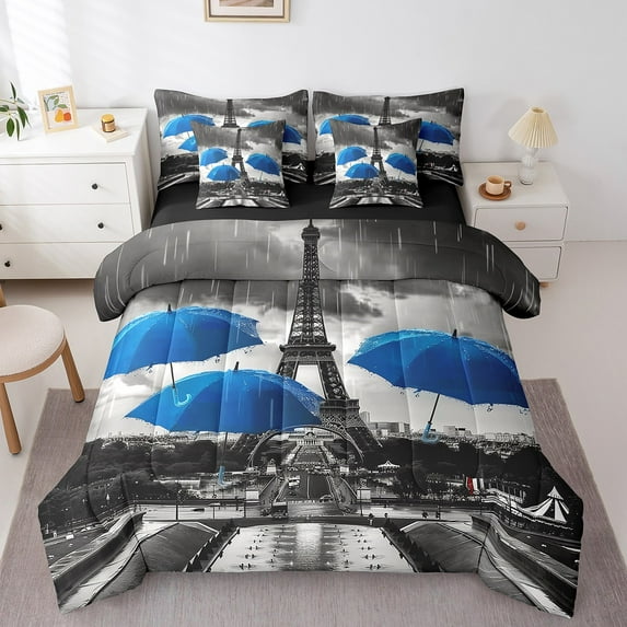 Erosebridal Eiffel Tower Bedding Sets King Size, Romantic Paris Comforter Sets with Sheets, Vintage Fashion Reversible Bed Set, Ultra Soft Bedroom Decoration, 7pcs