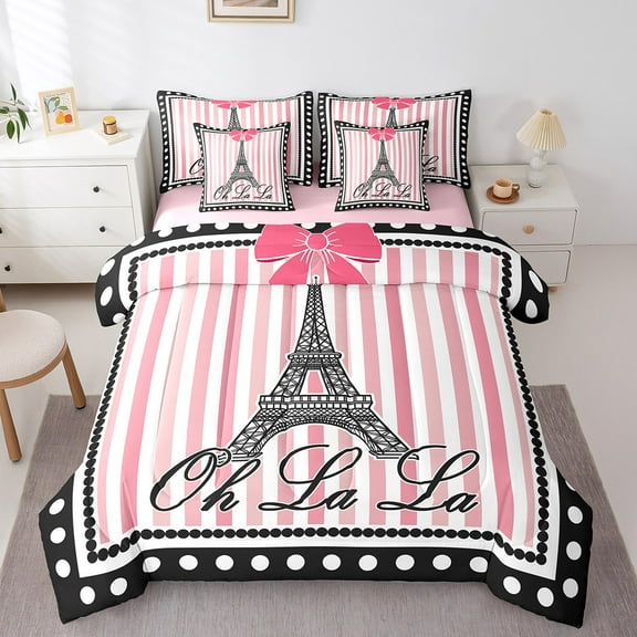Erosebridal Eiffel Tower Bedding Twin Size, Pink Stripes Bed Set, Romantic Paris Reversible Bedding Sets Twin Size, Lightweight Bedroom Decorative, 7pcs