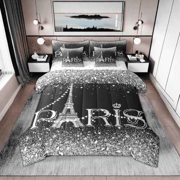 Erosebridal Eiffel Tower Comforter Set Full Size 7 Pcs,Romantic Paris Tower Bed in A Bag for Teens Adult,(Not Real)Diamond Sequins Valentines Reversible Bed Sets with Sheet Set